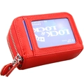 Red lychee grain leather RFID card holder with zipper closure and clear ID window - Red