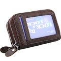 Dark brown pebbled leather RFID blocking card holder wallet with dual zippers and ID window - Coffee