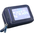 Portefeuille RFID en cuir bleu foncé à motif litchi avec double zip et fente transparente - Bleu clair