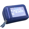 Dark blue RFID leather accordion wallet with double zipper and clear card slot - Blue