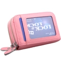 Porte-cartes en cuir rose grainé avec protection RFID, double fermeture et fenêtre d'ID - Rose