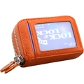 Porte-cartes en cuir orange à motif litchi avec double fermeture éclair et fenêtre ID - Marron