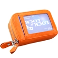 Porte-cartes en cuir orange à motif litchi avec deux fermetures éclair et fenêtre ID - Orange
