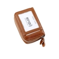 Porte-cartes RFID en cuir marron à double fermeture éclair avec fenêtre d'identification - Chameau
