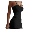 Detail of a slim fit black mini dress with thin straps made of high-stretch fabric - S / Black