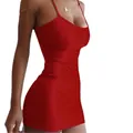 Close-up of vibrant red bodycon mini dress with stretchy knit fabric and slim straps - S / Red