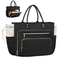 Quilted black nylon laptop tote bag with gold hardware and side storage pockets - Black