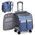 Blue foldable pet carrier backpack with silent swivel wheels and telescopic handle - Royal Blue