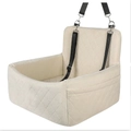 Beige quilted velvet dog car seat booster with safety straps and side storage pocket - Beige