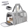 Foldable pet travel carrier in grey oxford fabric with breathable mesh and bowls - Gray / Gray