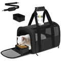 Foldable pet travel carrier detail showing mesh window, padded strap and folding bowl - Black / Black