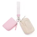 Détail de la pochette tour de cou en nylon avec porte-monnaie rose et porte-carte blanc - Rose et Beige