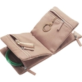 Pink suede folding jewelry roll with multiple zipper pockets for rings and necklaces - Brown