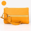 Litchi texture leather coin purse in vibrant orange with dual gold zippers and wristlet - Yellow