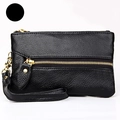 Black pebble grain leather coin purse and key case with gold zippers and wristlet - Black
