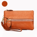 Brown litchi grain leather wristlet wallet with gold hardware and dual zippers - Brown