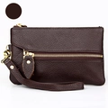 Deep brown pebble grain leather wristlet wallet with double gold zippers and strap - Coffee