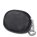 Mini black genuine leather coin purse with lychee pattern and silver keychain ring - Black