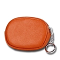 Mini orange genuine leather coin purse with lychee grain texture and silver keychain - Brown