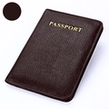Dark brown leather passport holder with lychee pattern and gold passport lettering - Coffee