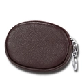 Dark brown leather mini coin purse with lychee texture and silver keychain ring - Coffee