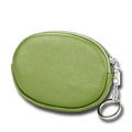 Mini grass green leather coin purse with lychee texture and silver keychain ring - Green