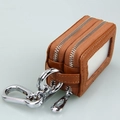 Funda de cuero marrón para llaves de coche con doble cremallera y ventana transparente - Cuero genuino / Marrón