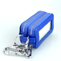 Blue leather car key case with double zippers and transparent ID window - Blue