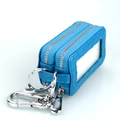 Blue double zipper leather car key case with transparent ID window and metal carabiner - Light Blue