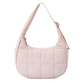 Pale pink quilted nylon hobo bag featuring a crescent shape and large square stitch patterns - Pink