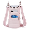 Detail of pink quilted water bottle bag showing storage for phone, cards and a flask - Pink