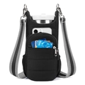 Detail of black quilted water bottle bag with zipper pocket and striped strap - Black