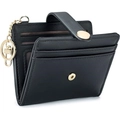 Black RFID blocking bifold card holder with multiple slots and gold keychain clip - Black