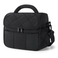 Close-up of black quilted insulated lunch bag with comfortable handle and shoulder strap - Black