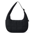Quilted black nylon crescent bag with wide shoulder strap and minimalist square stitching - Black