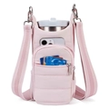 Quilted light pink water bottle crossbody bag with adjustable strap and front phone pocket - Lotus Pink