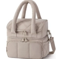 Quilted double-layer insulated lunch bag in beige with shoulder strap and top handle - Camel