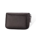 Genuine leather RFID card holder with dark brown litchi pattern and zipper closure - Coffee