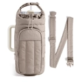 Quilted insulated water bottle bag in beige with zipper pocket and adjustable strap - Camel