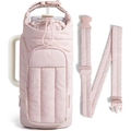 Detailed view of pink quilted water bottle bag with handle and adjustable shoulder strap - Lotus Pink