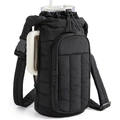 Black quilted water bottle bag with front zipper pocket and adjustable strap - Black