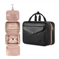 Detailed view of the large capacity travel toiletry bag with hanging hook and compartments - 31.8 x 12.7 x 22.9 cm / Black