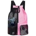 Detail of pink and black mesh drawstring bag with zippered pocket and side water bottle holder - Pink