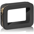 Detail of black Saffiano leather makeup bag with transparent PVC window and gold zipper - Black