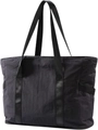 Black large capacity tote bag with water-resistant nylon fabric and yoga mat buckle - Black