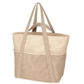 Detail view of large beige mesh beach tote with waterproof fabric and dual handles - Beige