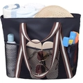 Deep blue sandproof beach tote with mesh pockets showing flip-flops and towel storage - Black