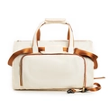 Dettaglio borsa porta abiti da viaggio beige impermeabile con cinturini marroni e zip oro - Beige