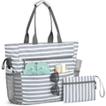Large striped beach tote bag with waterproof material and matching zipper pouch - Grey Stripe