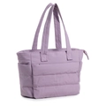 Detail view of purple quilted nylon tote bag showing thick handles and side pocket storage - Light Purple